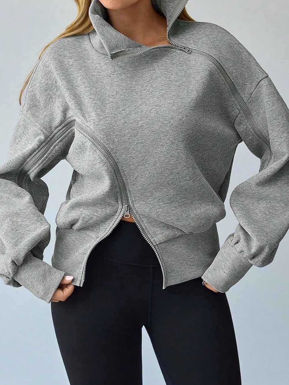 Gray Asymmetrical Zip Pullover Sweatshirt - Women Large New